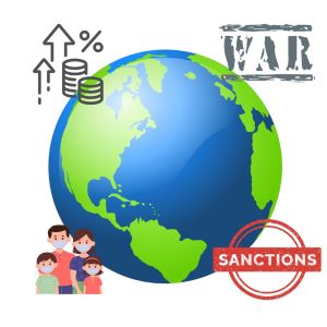 A graphic of the world, around it are graphics representing inflation, war, sanctions and people in a pandemic wearing face masks