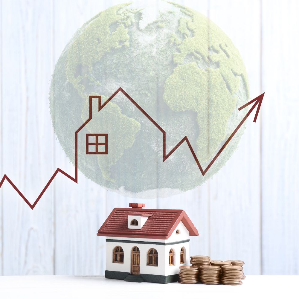 A volatile mortgage market graph represented with a red-roofed white house and stacks of coins, with a world globe faded in the background